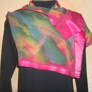 Vtg Hand-Dyed Silk Chiffon & Satin Foulard Scarf Shawl 70" X 15"